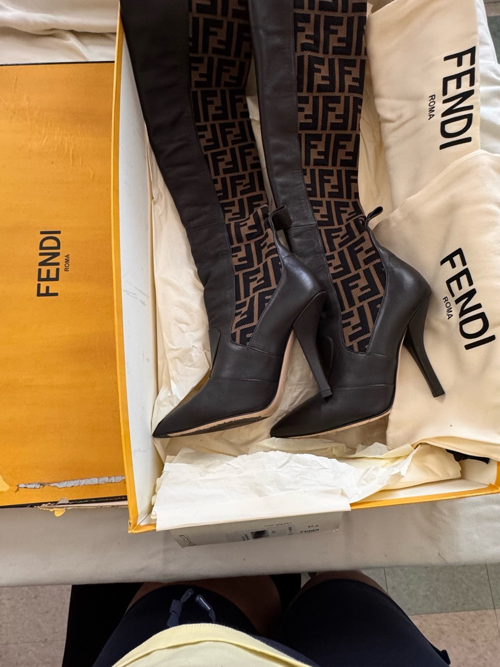 Fendi Black Leather and Brown FF-Logo Over-the-Knee Stiletto Boots